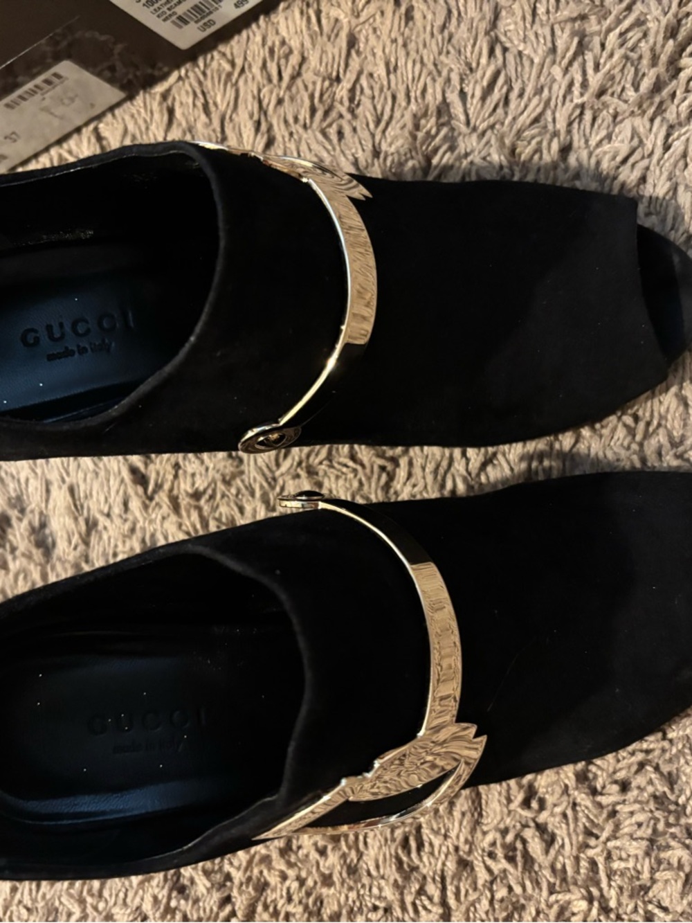 Women’s Black Suede Peep-Toe Heels with Gold Accent - Picture 5 of 8